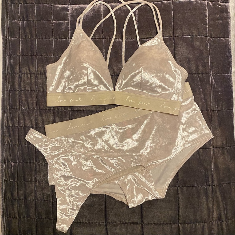 PINK Victoria’s Secret Velvet Bralette, Thong & Boyshort - L/DD top & XL Panties